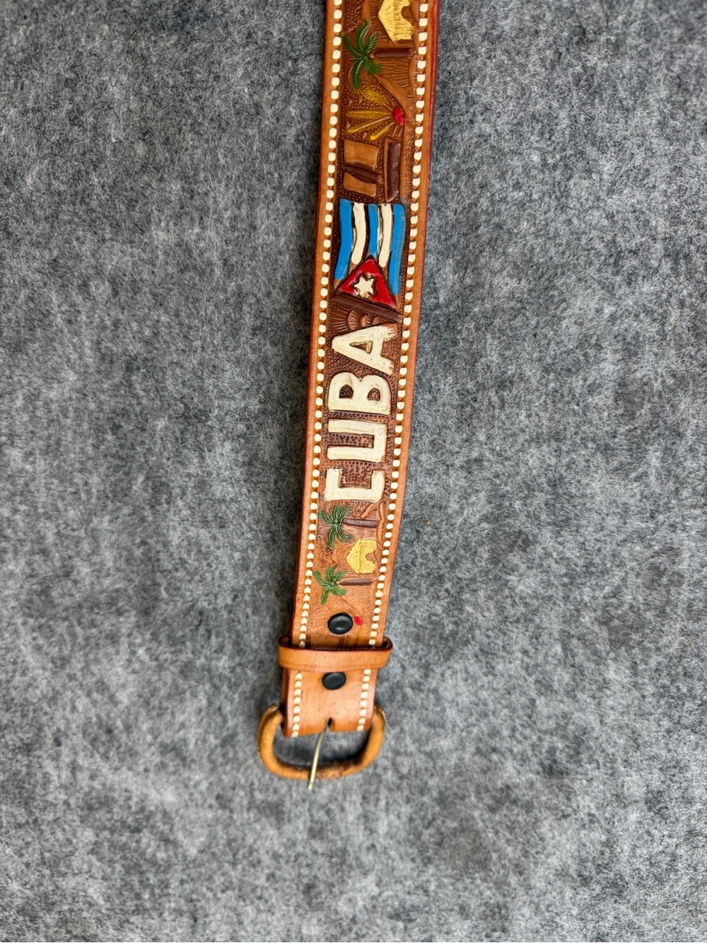 Vintage Hand Crafted Leather Tooled Cuba Flag And Landscape Belt Size 40 Unisex